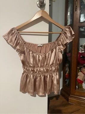 Lush Satin Ruffle Off-Shoulder Peplum Top - Blush Pink